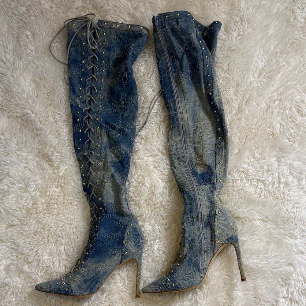 Studded Distressed Denim Lace-Up Boots